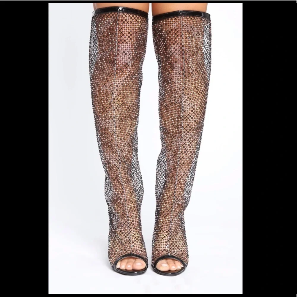 Fishnet Rhinestone Knee Boots - Picture 4 of 9